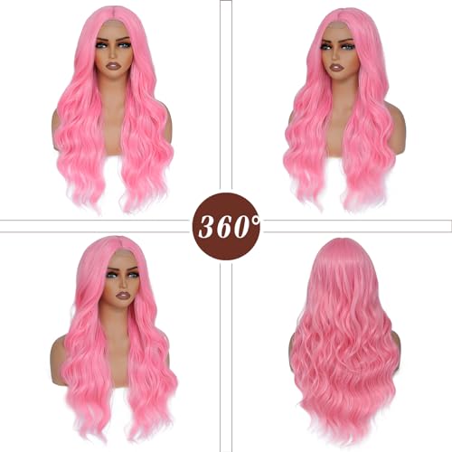 Long Wavy Pink Wig for Women 26 Inch Middle Part Pink Curly Wavy Wig Natural Looking Synthetic Heat Resistant Fiber Wig for Daily Halloween Cosplay Party Use (26 Inch, Pink) - Image 3
