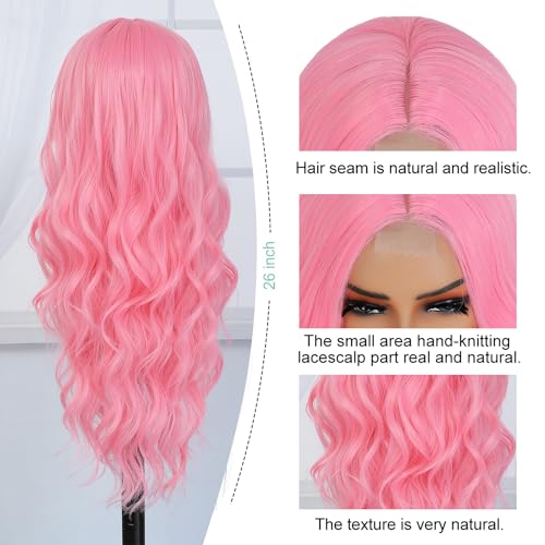 Long Wavy Pink Wig for Women 26 Inch Middle Part Pink Curly Wavy Wig Natural Looking Synthetic Heat Resistant Fiber Wig for Daily Halloween Cosplay Party Use (26 Inch, Pink) - Image 4
