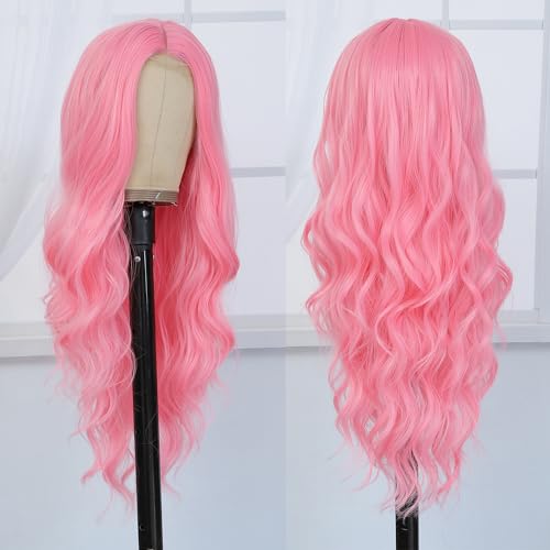 Long Wavy Pink Wig for Women 26 Inch Middle Part Pink Curly Wavy Wig Natural Looking Synthetic Heat Resistant Fiber Wig for Daily Halloween Cosplay Party Use (26 Inch, Pink) - Image 6