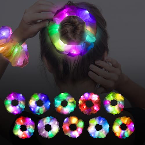 20PCS Glow in the Dark Scrunchies, Light Up Scrunchies for Girls & Women, Led Hair Scrunchies for Party Supplies, Rave Hair Accessories for Glow Neon Sleepover Party Favors