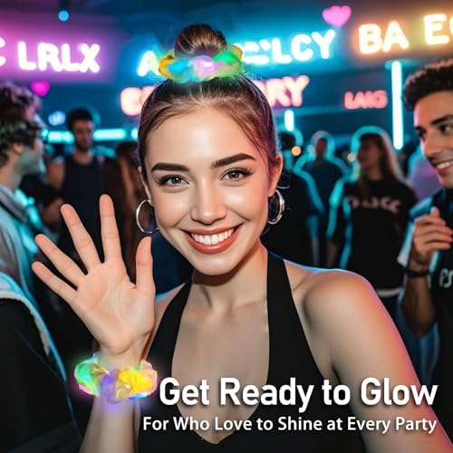20PCS Glow in the Dark Scrunchies, Light Up Scrunchies for Girls & Women, Led Hair Scrunchies for Party Supplies, Rave Hair Accessories for Glow Neon Sleepover Party Favors - Image 2