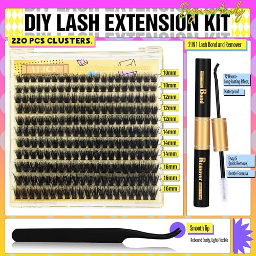 ALICE Fluffy Volume Lash Clusters Kit Lash Extension Kit Thick 3D Wispy DIY Eyelash Extension Kit with 220Pcs Mink Look Individual Lashes, Lash Bond and Remover,Tweezers(10-16mm,0.05D, D Curl) - Image 3