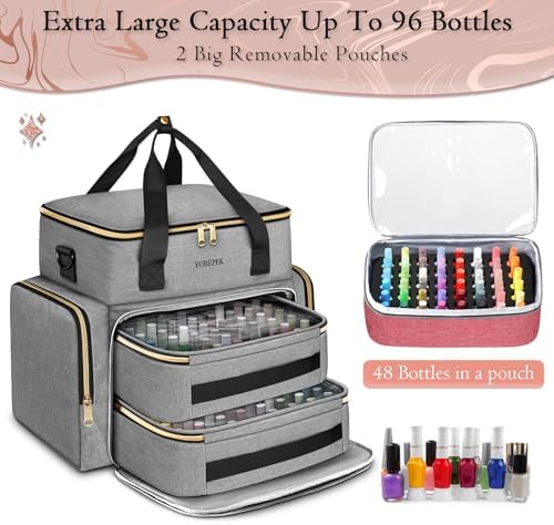 YOREPEK Nail Polish Organizer Case Holds 96 to 100+ Bottles (15ml/0.5 fl.oz) UV lamp, Extra Large Nail Polish Holder with Support Board for Easy Access, Gel Kit Bag For Manicure Tools, Grey - Image 2