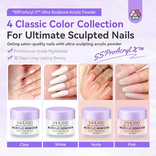SAVILAND Acrylic Powder: 4PCS 1oz 30g Clear White Nudes Pink Colored Acrylic Nail Powder Keratin Acrylic Powder Set Professional Nail Powder for Nail Extension Carving 3D Nail Art Manicure Salon - Image 3