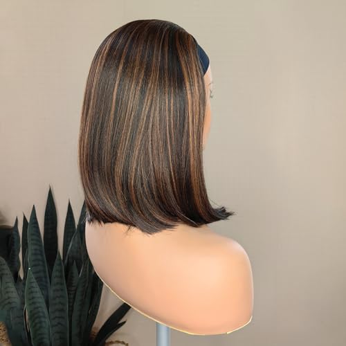 xccoco Highlight Headband Wigs for Black Women Short Brown Yaki Straight Hair Headband Wig Put On and Go Glueless Wig Natural Looking Synthetic Wig with Headband,12inch - Image 4
