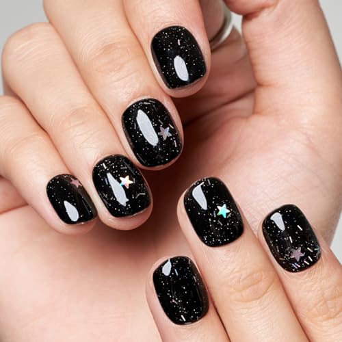 GLAMERMAID Press on Nails Extra Short Squoval, Spring Summer Handmade Glitter Black Star Gel Glue on Nails, 24Pcs Glossy Round Reusable UV Finish Fake Nails Acrylic False Nails Manicure Kits for Women