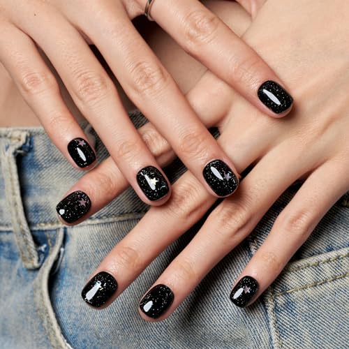 GLAMERMAID Press on Nails Extra Short Squoval, Spring Summer Handmade Glitter Black Star Gel Glue on Nails, 24Pcs Glossy Round Reusable UV Finish Fake Nails Acrylic False Nails Manicure Kits for Women - Image 6