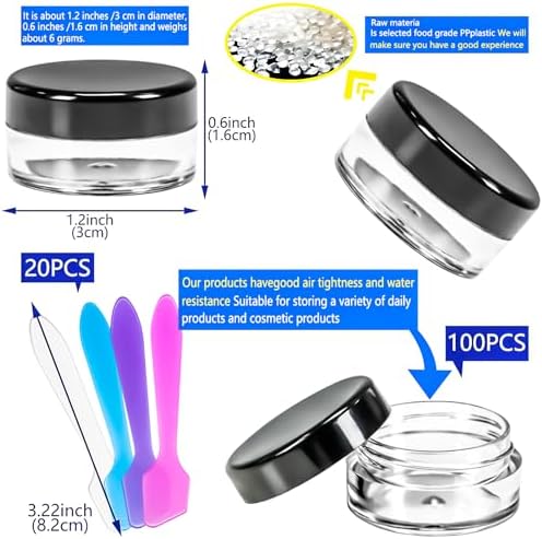 MotBach 100 Pcs 5g Empty Plastic Containers with Black Lids,Mini Makeup Sample Containers, Small Sample Pot Jars Round Cosmetic Jars with Mini Spatulas for Liquid Sample Powder Creams Lotions - Image 2