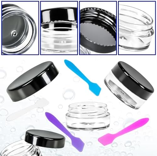 MotBach 100 Pcs 5g Empty Plastic Containers with Black Lids,Mini Makeup Sample Containers, Small Sample Pot Jars Round Cosmetic Jars with Mini Spatulas for Liquid Sample Powder Creams Lotions - Image 3