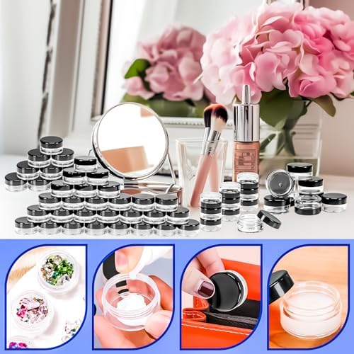 MotBach 100 Pcs 5g Empty Plastic Containers with Black Lids,Mini Makeup Sample Containers, Small Sample Pot Jars Round Cosmetic Jars with Mini Spatulas for Liquid Sample Powder Creams Lotions - Image 5