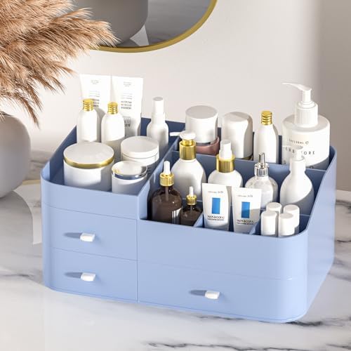 MIUOPUR Makeup Organizer for Vanity, Large Capacity Desk Organizer with Drawers for Cosmetics, Lipsticks, Jewelry, Nail Care, Skincare, Ideal for Bedroom and Bathroom Countertops - Large Blue - Image 2