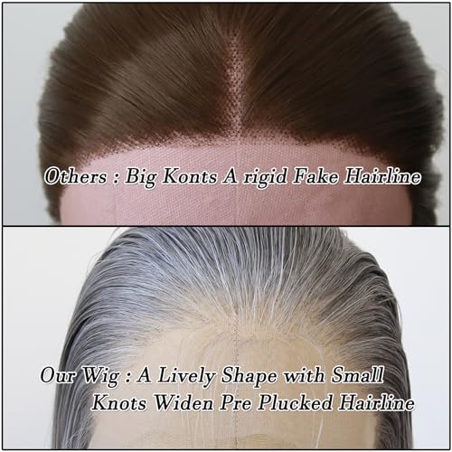 BTWTRY Gray Wig Long Straight Grandma Grey Synthetic Lace Front Wigs Pre Plucked Natural Hairline for Black Women Heat Resistant Fiber Hair Cosplay Daily Wear Wig (Grandma Grey) - Image 2