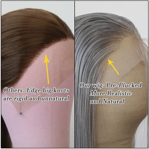 BTWTRY Gray Wig Long Straight Grandma Grey Synthetic Lace Front Wigs Pre Plucked Natural Hairline for Black Women Heat Resistant Fiber Hair Cosplay Daily Wear Wig (Grandma Grey) - Image 3