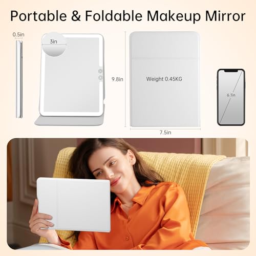 FUNTOUCH 2500mAh Large Rechargeable Travel Makeup Mirror with Light, Portable Makeup Mirror with 10X Magnifying Mirror, 3 Lighting Modes, Tabletop Folding Travel Mirror with PU Leather Cover (White) - Image 2