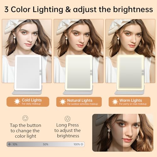 FUNTOUCH 2500mAh Large Rechargeable Travel Makeup Mirror with Light, Portable Makeup Mirror with 10X Magnifying Mirror, 3 Lighting Modes, Tabletop Folding Travel Mirror with PU Leather Cover (White) - Image 5