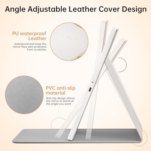 FUNTOUCH 2500mAh Large Rechargeable Travel Makeup Mirror with Light, Portable Makeup Mirror with 10X Magnifying Mirror, 3 Lighting Modes, Tabletop Folding Travel Mirror with PU Leather Cover (White) - Image 6