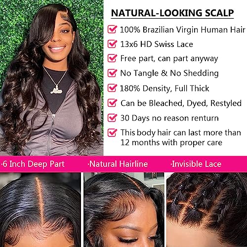 13x6 Body Wave Lace Front Wigs Human Hair Pre Plucked Glueless Wigs Human Hair 180% Density HD Transparent Lace Frontal Wigs Human Hair for Black Women Body Wave Wig 20 Inch - Image 4