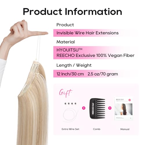 REECHO Invisible Wire Hair Extensions with Thinner Softer Lace Weft 12" Short Straight Clips in Secret Hairpiece for Women 12 Inch (Pack of 1) - Honey Blonde with Highlights - Image 2