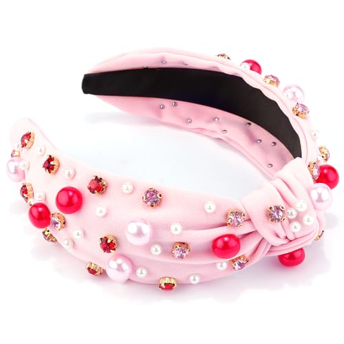 AHONEY Pink Headband Hair Accessories for Women Girls Knotted Headband Pearl Crystal Knotted Jeweled Wide Top Knot Headband Valentine’s Day Gifts (Pink) - Image 2