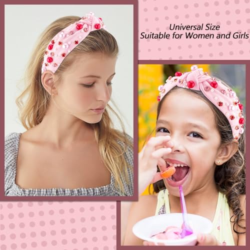 AHONEY Pink Headband Hair Accessories for Women Girls Knotted Headband Pearl Crystal Knotted Jeweled Wide Top Knot Headband Valentine’s Day Gifts (Pink) - Image 3