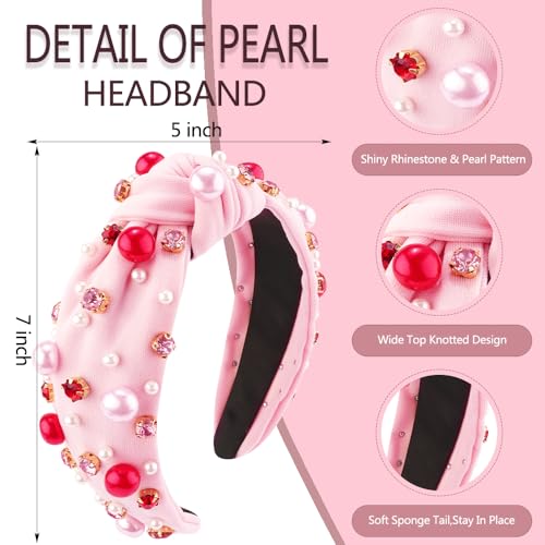 AHONEY Pink Headband Hair Accessories for Women Girls Knotted Headband Pearl Crystal Knotted Jeweled Wide Top Knot Headband Valentine’s Day Gifts (Pink) - Image 4