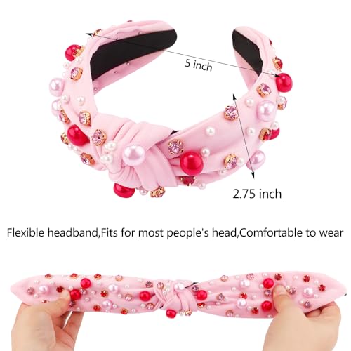 AHONEY Pink Headband Hair Accessories for Women Girls Knotted Headband Pearl Crystal Knotted Jeweled Wide Top Knot Headband Valentine’s Day Gifts (Pink) - Image 5