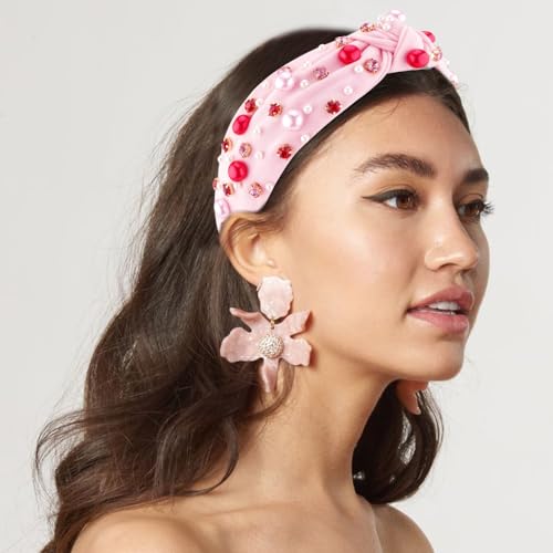 AHONEY Pink Headband Hair Accessories for Women Girls Knotted Headband Pearl Crystal Knotted Jeweled Wide Top Knot Headband Valentine’s Day Gifts (Pink) - Image 6