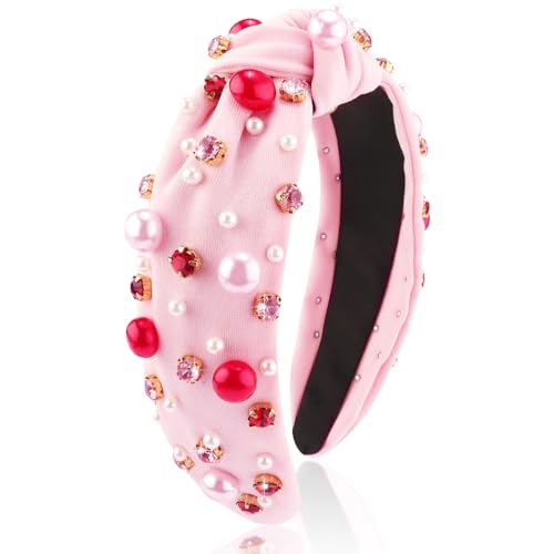 AHONEY Pink Headband Hair Accessories for Women Girls Knotted Headband Pearl Crystal Knotted Jeweled Wide Top Knot Headband Valentine’s Day Gifts (Pink) - Image 7