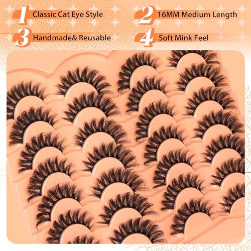 JIMIRE False Eyelashes 14 Pairs Cat Eye Lashes Wispy Fluffy D Curl Strip Natural Lashes Look Like Eyelash Extension 16MM Wispy Faux Mink Fake Lashes Pack - Image 4