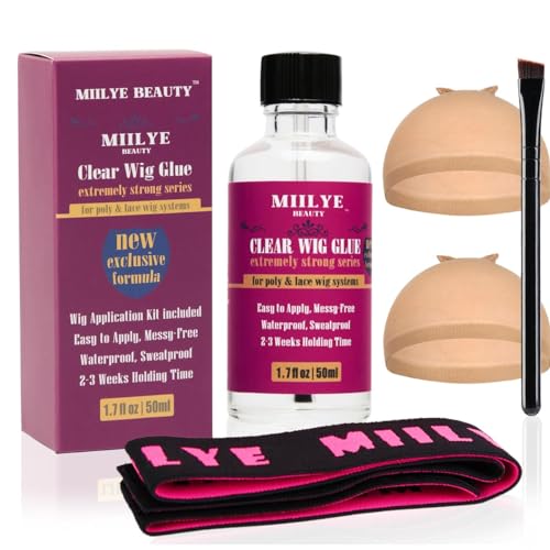 Clear Wig Bond Glue 1.7oz/50ml with Wig Band, Wig Caps |Swimming Allowed| Waterproof Wig Glue for Front Lace Wig Extremely Strong Hold Lace Glue for Wigs, Wig Install Kits (1.7oz Wig Glue kit)