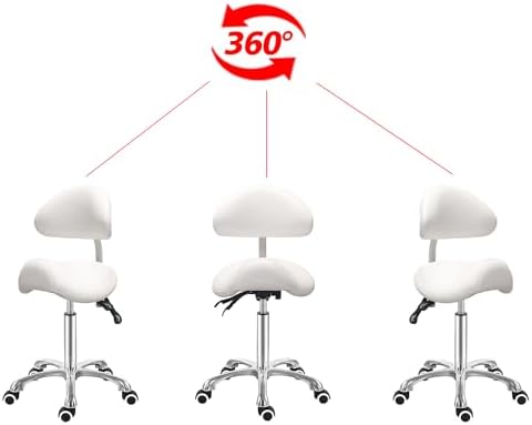 Antlu Saddle Stool Chair with Back Ergonomic Rolling Esthetician Seat for Salon Tattoo Shop Spa Dentist Clinic (Adjustable Backrest, White) - Image 4