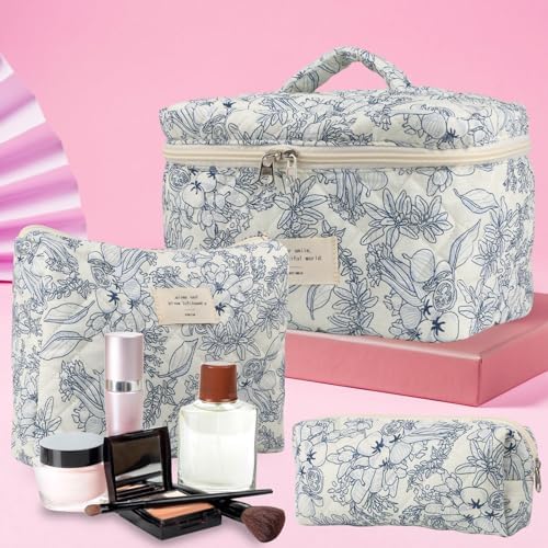 Cute Makeup Bag for Women(2 Pcs), Travel Cosmetic Bags, Quilted Coquette Aesthetic Floral Toiletry Organizer Bag (22 - Black Flower) - Image 5