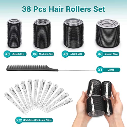 Acejoz Hair Rollers for Blowout Look, 38 Pcs Self Grip Hair Rollers Set with 4 Sizes, 12 Pcs Hair Clips, Comb and Storage Bag for Hair Volume (Black) - Image 2