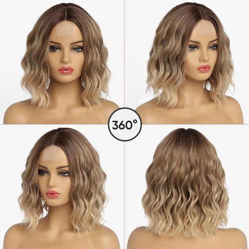 Short Ombre Blonde Wavy Wig for Women 14 Inch Shoulder Length Middle Part Curly Wavy Bob Wig Natural Looking Synthetic Heat Resistant Fiber Wig for Daily Party Use - Image 7