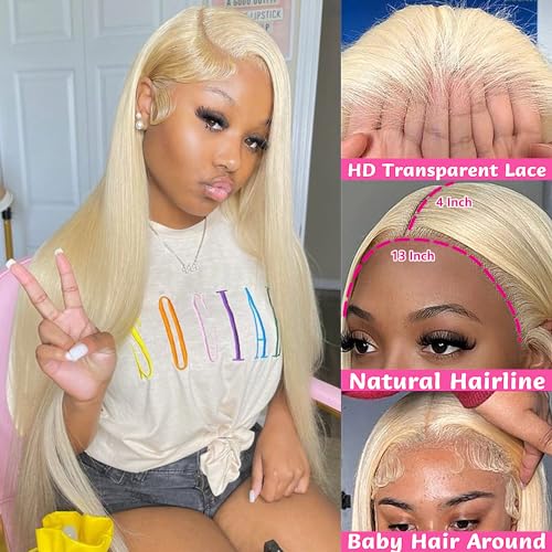 GZX 26 Inch 613 Lace Front Wig Human Hair 13X4 Blonde Straight HD Transparent Lace Frontal Wigs Human Hair Pre Plucked with Baby Hair 180% Density Blonde Glueless Wigs Human Hair - Image 2