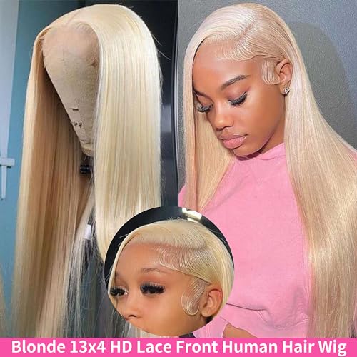 GZX 26 Inch 613 Lace Front Wig Human Hair 13X4 Blonde Straight HD Transparent Lace Frontal Wigs Human Hair Pre Plucked with Baby Hair 180% Density Blonde Glueless Wigs Human Hair - Image 3