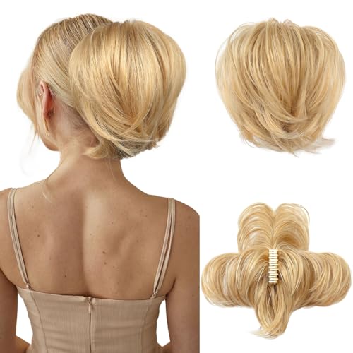 HOOJIH Ponytail Extension, Claw Clip in Straight Messy Hair Bun 9 Inch Short Ponytail Extension with Bendable Metal Wire Hair Pieces for Women Fake Hair Bun DIY Styles - Honey Blonde