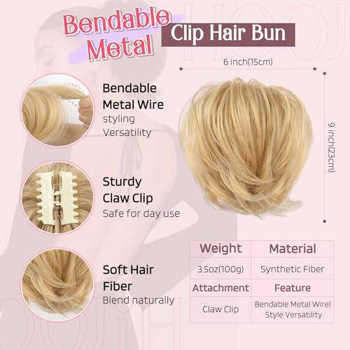 HOOJIH Ponytail Extension, Claw Clip in Straight Messy Hair Bun 9 Inch Short Ponytail Extension with Bendable Metal Wire Hair Pieces for Women Fake Hair Bun DIY Styles - Honey Blonde - Image 2
