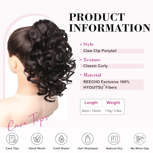 REECHO 12" Ponytail Extension, Classic Loose Curly Wavy Claw Clip Pony tails Hair Extensions Hairpieces for Women - Dark Brown - Image 2