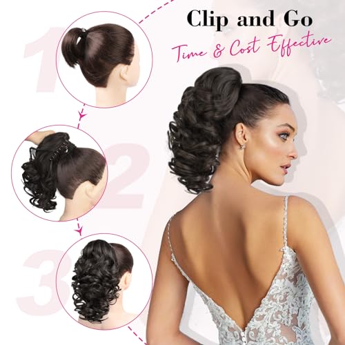 REECHO 12" Ponytail Extension, Classic Loose Curly Wavy Claw Clip Pony tails Hair Extensions Hairpieces for Women - Dark Brown - Image 7