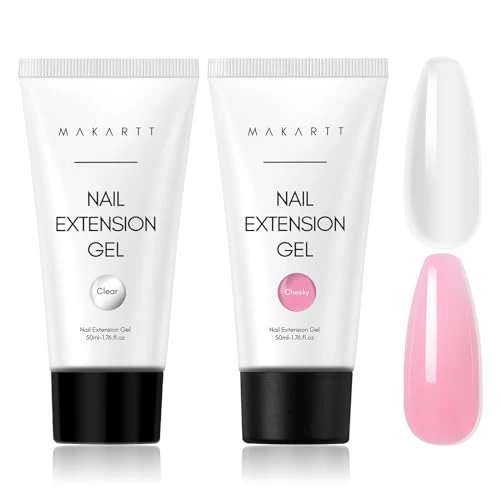 Makartt Poly Nail Gel Set, Clear and Peach Pink, 2 Colors 50ML, Gel Builder for Nail Extension, Nail Strengthener 3D Diy Hard Gel French Manicures Salon Nail Art At Home