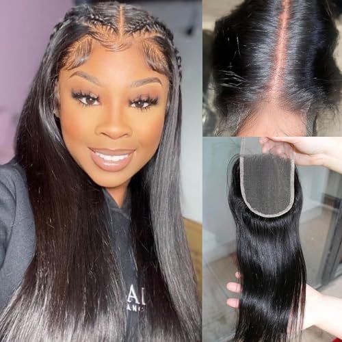 5x5 SKINLIKE Real HD Lace Closure Straight Human Hair 0.095mm Ultra-thin hd lace Closure with Tiny knots Brazilian Virgin Human Hair Free Part Closure pre plucked with Natural Hairline, 16inch