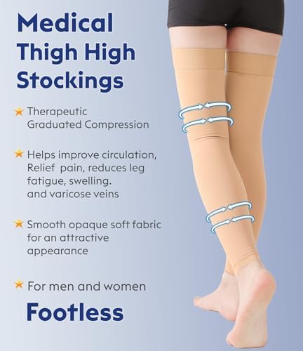 KEKING Thigh High Compression Stockings Footless, Unisex, 15-20mmHg Leg Support Compression Sleeves with Anti-Slip Silicone Band, Opaque, Treatment Swelling, Varicose Veins, Edema, DVT, Beige 4X-Large - Image 5
