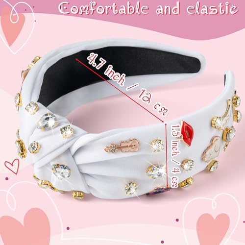PANTIDE Music Jeweled Knotted Headband - Singer Fans Gift Guitar Red Lip Rhinestone Crystal Embellished Headband Wide Top Knot Fashion Hairband Birthday Back To School Gift for Women Girls (White) - Image 2