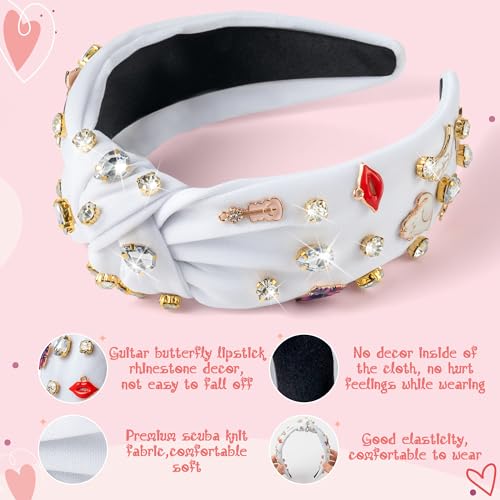 PANTIDE Music Jeweled Knotted Headband - Singer Fans Gift Guitar Red Lip Rhinestone Crystal Embellished Headband Wide Top Knot Fashion Hairband Birthday Back To School Gift for Women Girls (White) - Image 3