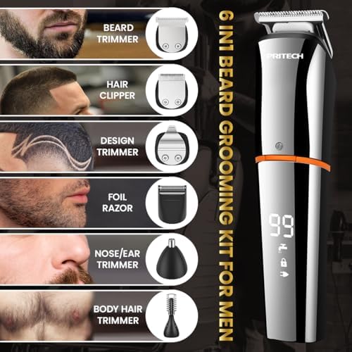 PRITECH Beard Trimmer for Men, 6 in 1 Beard Trimmer Kit, Electric Beard Trimmer with Hair, Precision, Body, Nose, Foil Razor, Grooming Kit Waterproof IPX6 (Silver) - Image 3