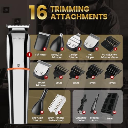 PRITECH Beard Trimmer for Men, 6 in 1 Beard Trimmer Kit, Electric Beard Trimmer with Hair, Precision, Body, Nose, Foil Razor, Grooming Kit Waterproof IPX6 (Silver) - Image 4