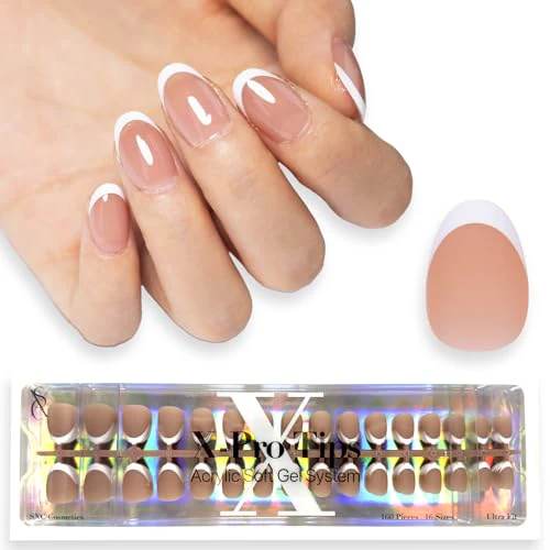 SXC Cosmetics French Tip Press On Nails Brown Extra Short Almond 160 Pieces in 16 Sizes Ultra Fit with Pre-applied Tip Primer and Base Coat, No Need to File Fake Nails for Nail Art DIY X-Pro Tips