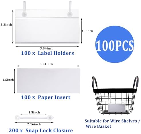 Acrux7 100 PCS Plastic Wire Shelf Label Holders 4" x 2.2" Basket Label Clips with Double Snap Lock Closure, Clear Wire Rack Label Holder Price Tag Holder for Market, Retail Shop, Pantry - Image 2