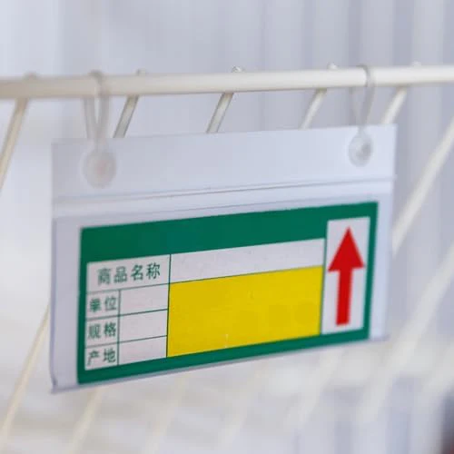 Acrux7 100 PCS Plastic Wire Shelf Label Holders 4" x 2.2" Basket Label Clips with Double Snap Lock Closure, Clear Wire Rack Label Holder Price Tag Holder for Market, Retail Shop, Pantry - Image 6